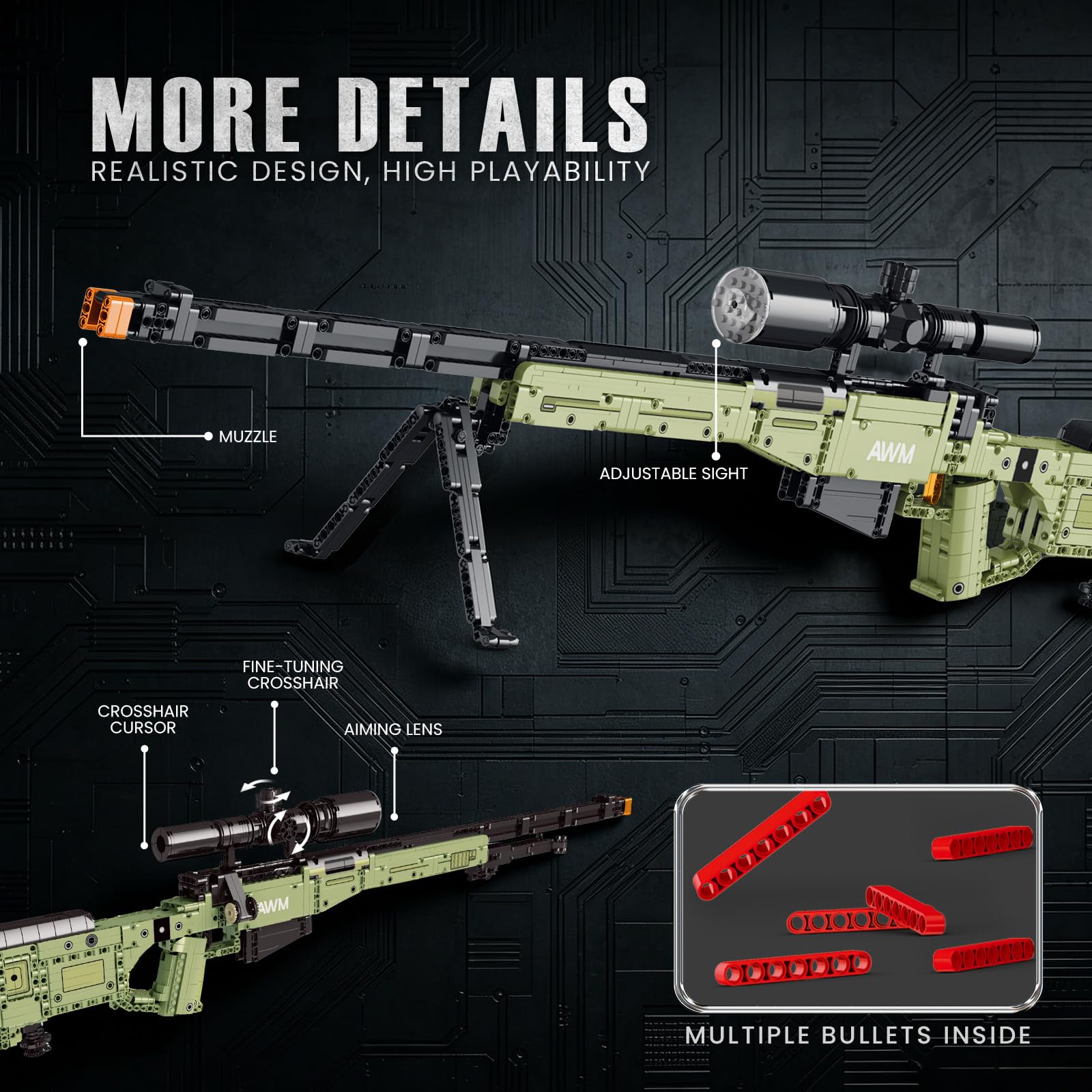 Reobrix AWM 77026 Set de bloques de construcción para adultos, Set de bloques de construcción de rifle AWM, juguete modelo de arma de fuego, armas de juguete militares, regalo para fans militares