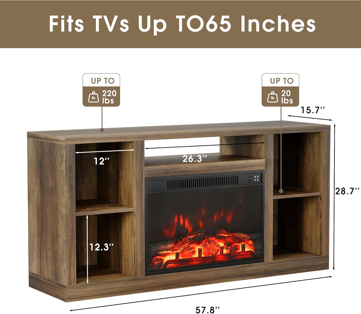 Dimensional diagram of the Flamaker Fireplace TV Stand, showing overall width, depth, height, and internal shelf measurements, indicating compatibility with TVs up to 65 inches.