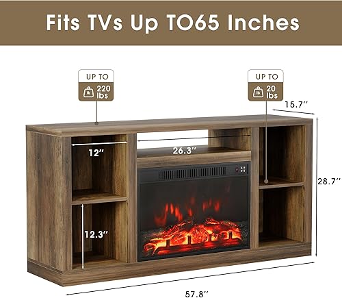 Miniatura 7 de Flamaker Soporte de TV con chimenea eléctrica de 26 pulgadas para TV de 65 pulgadas, moderno soporte de entretenimiento de granja con gabinete de
