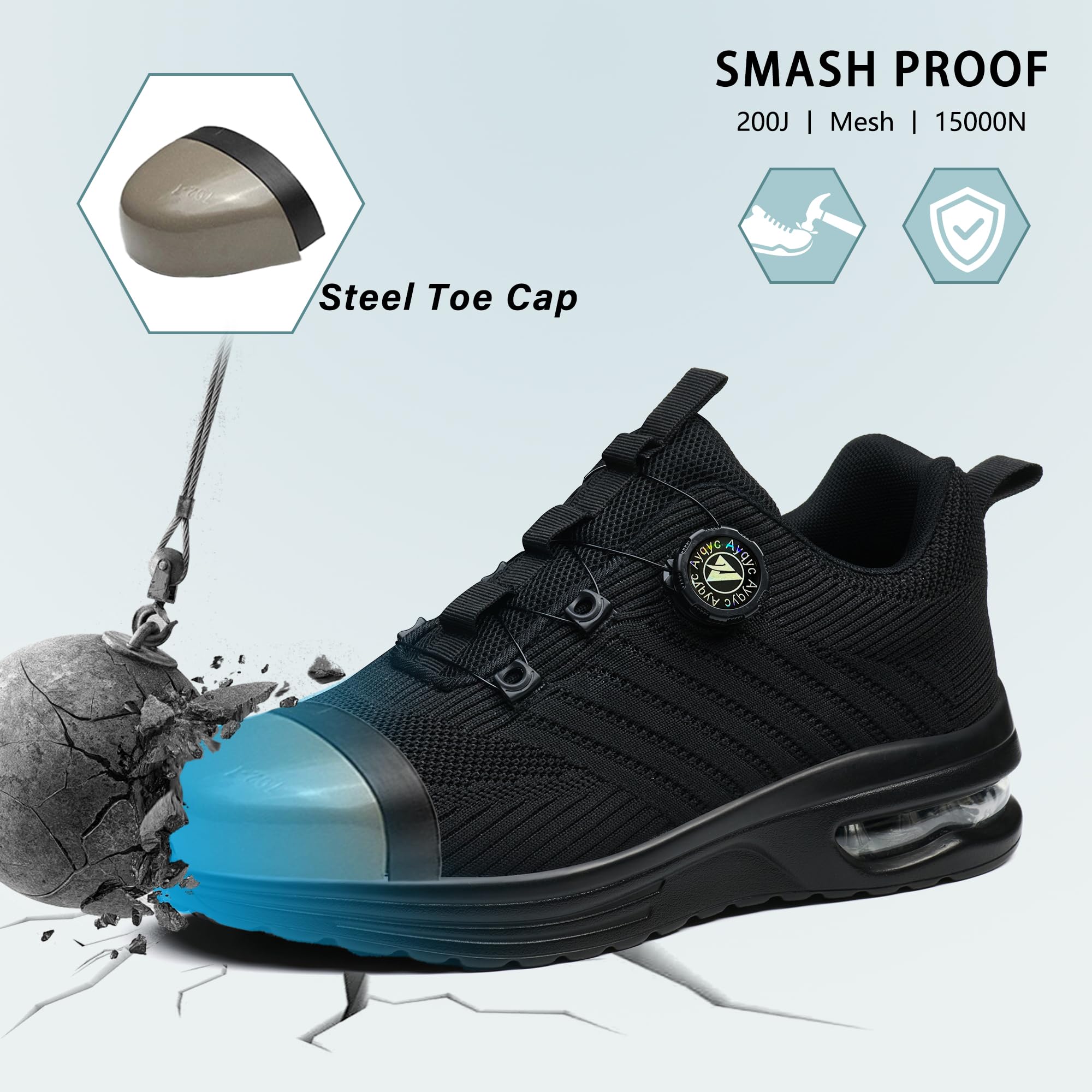 Buty ochronne męskie ze stalowym noskiem, buty ochronne damskie, lekkie buty ochronne, oddychające, antypoślizgowe, robocze buty ochronne z poduszką powietrzną, obrotową klamrą, sznurówki, czerń 2, 40