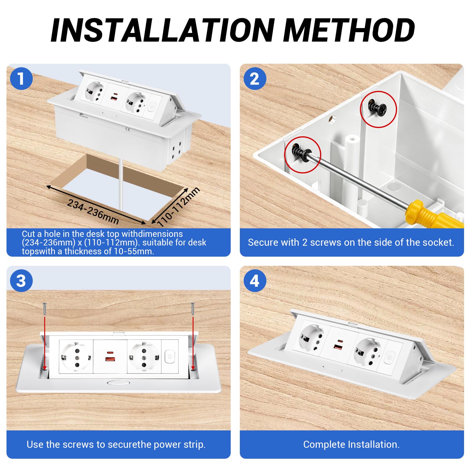 CPROSP Regleta Empotrable de Mesa con 2 Enchufes y USB (1A+1C) | Color: Blanca