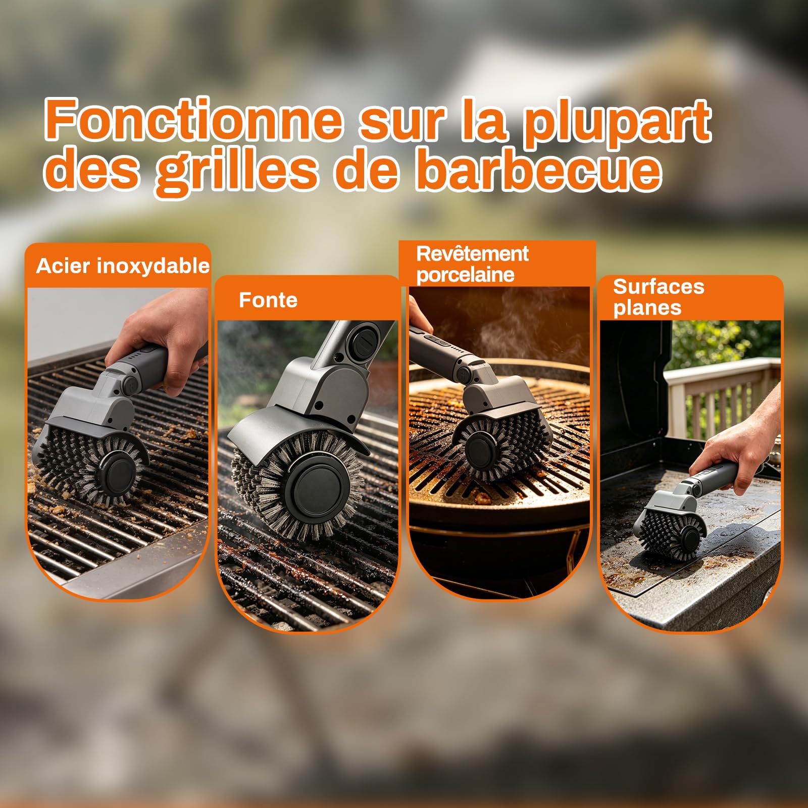 Brosse Barbecue Électrique sans Fil 3-en-1, 150 Min Autonomie – 3 Têtes & 3 Vitesses, Angle Réglable, Lave-Vaisselle, Résistante Chaleur (Gris)