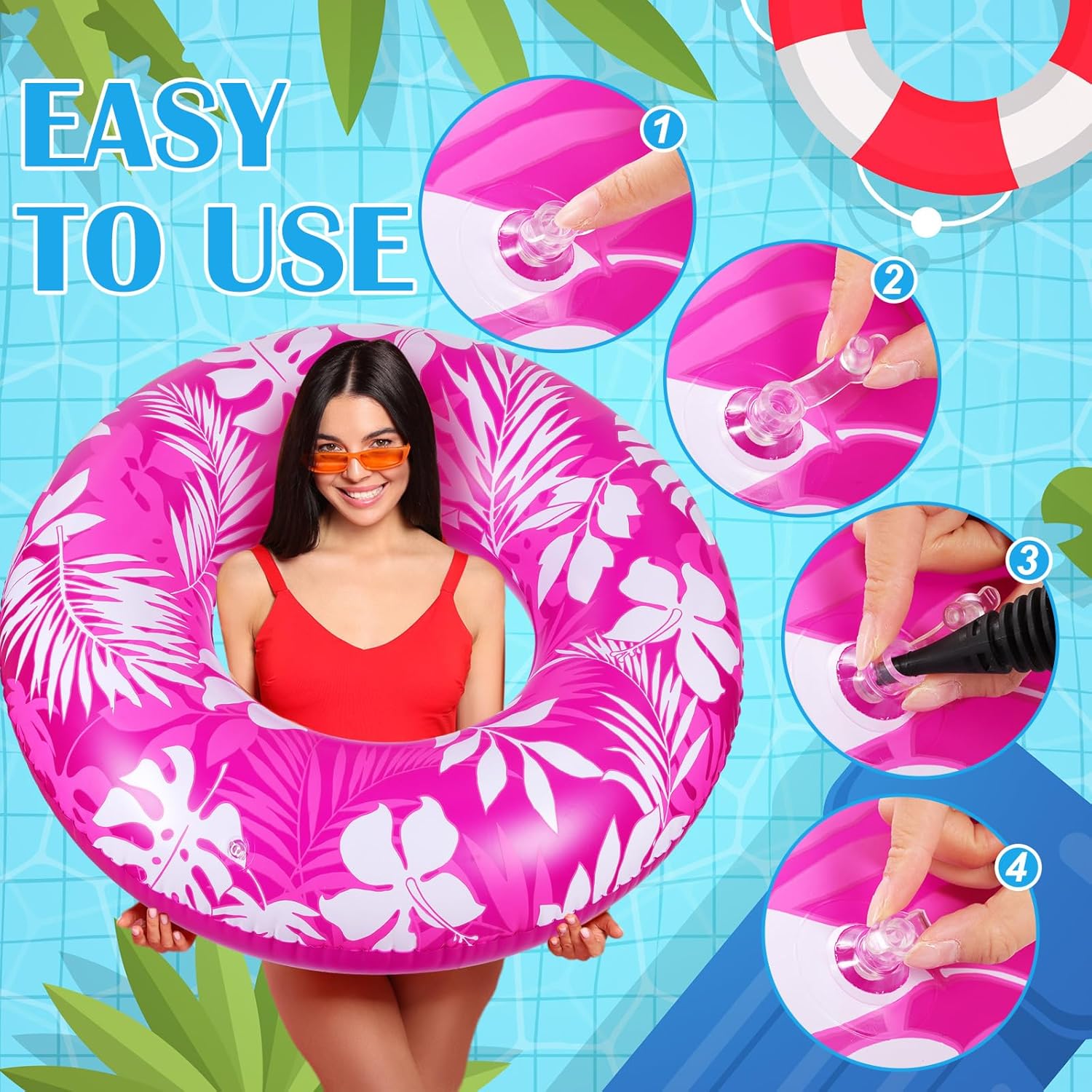 ShinyRelief 4 Pcs Pool Tubes for Adults 42inch Large Inflatable Floats Tube Tropical Leaves Inflatable Pool Floats Rings Colorful Swimming Ring Summer Hawaii Swimming (Blue,Green,Orange,Purple)