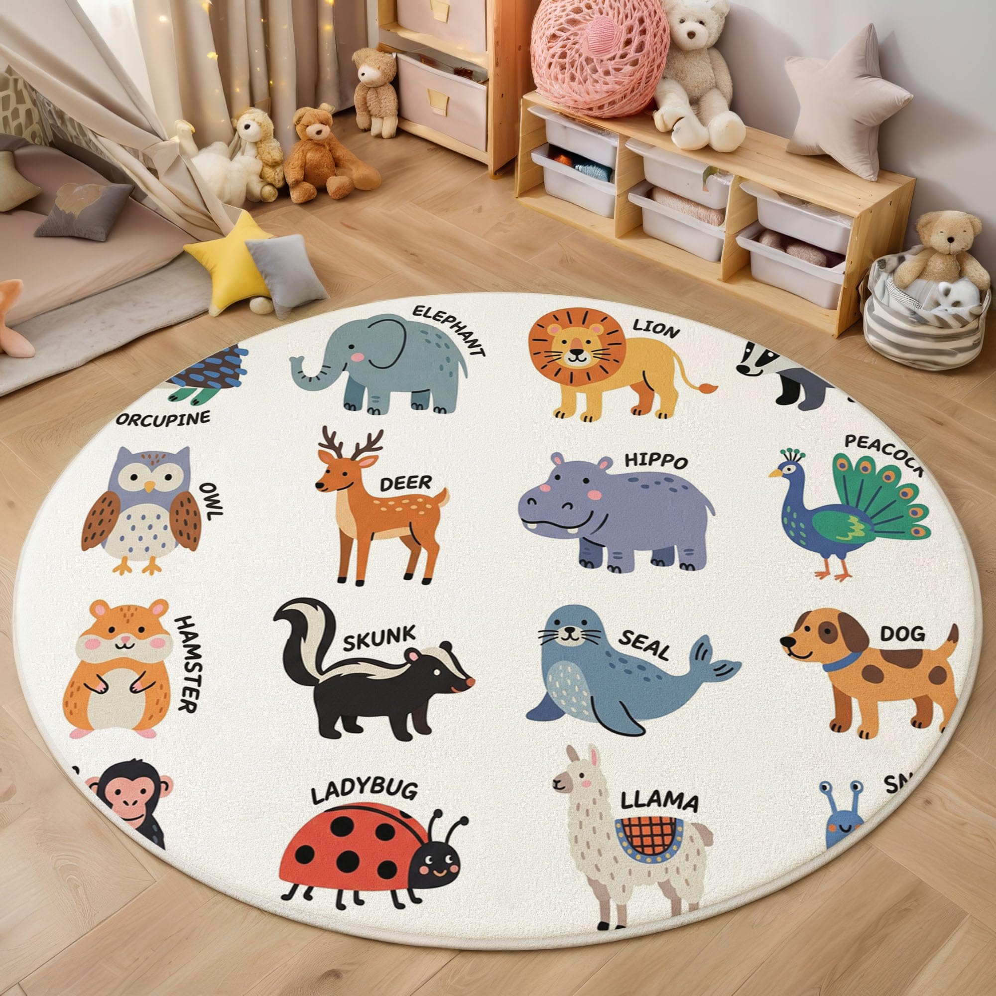 Alfombra Redonda Divulgación Científica Educación 160cm para Salon Alfombra de Flor Animales Dibujos Animados Antideslizante, Lavables, Tapete Redondo Pelo Corto para Dormitorio Comedor, Multicolor