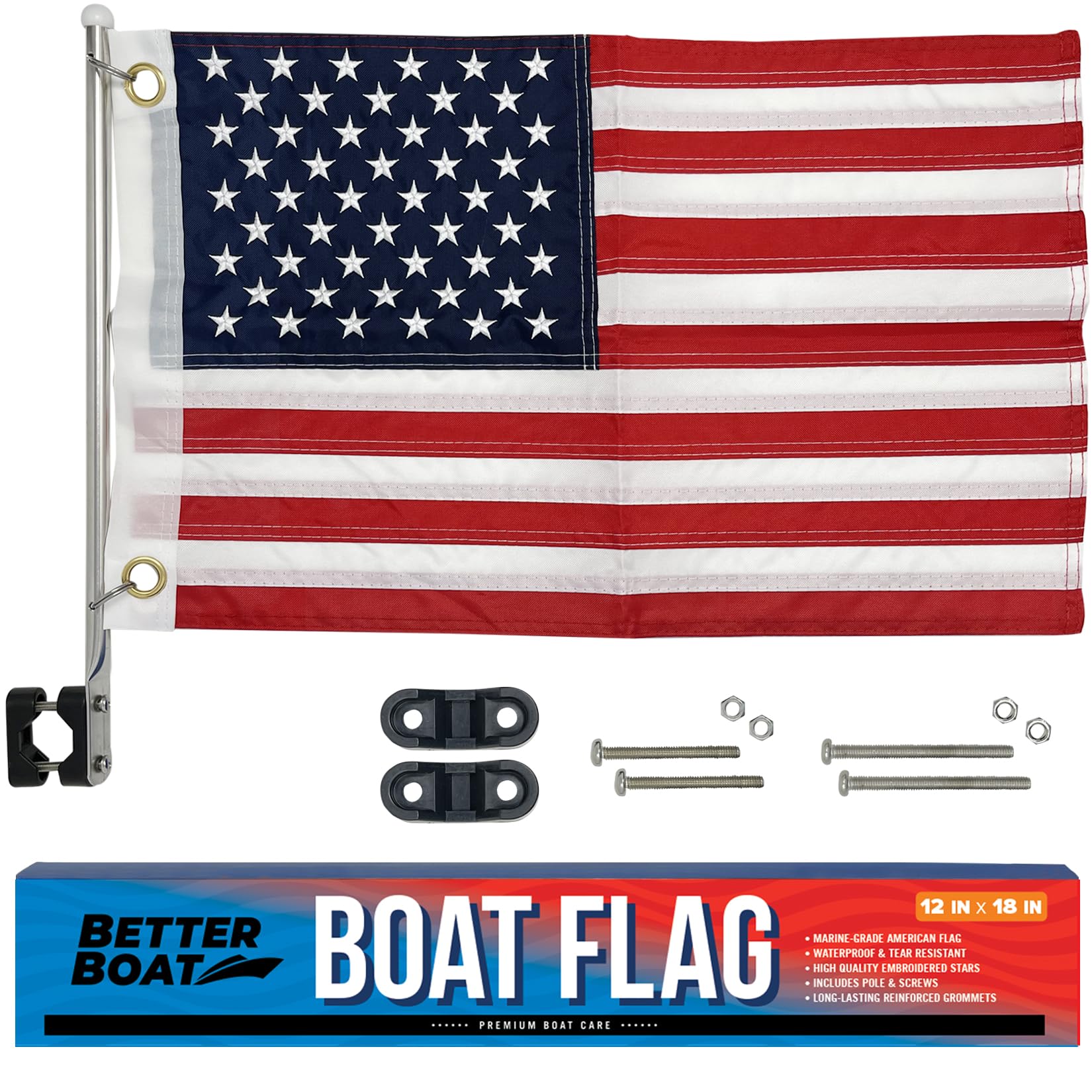 Boat Flag Pole Kit, 12" x 18" Small US American Flag Set, Marine Grade, Dock or Rail Mount Holder, Pontoon Accessories, USA Burgee Flags