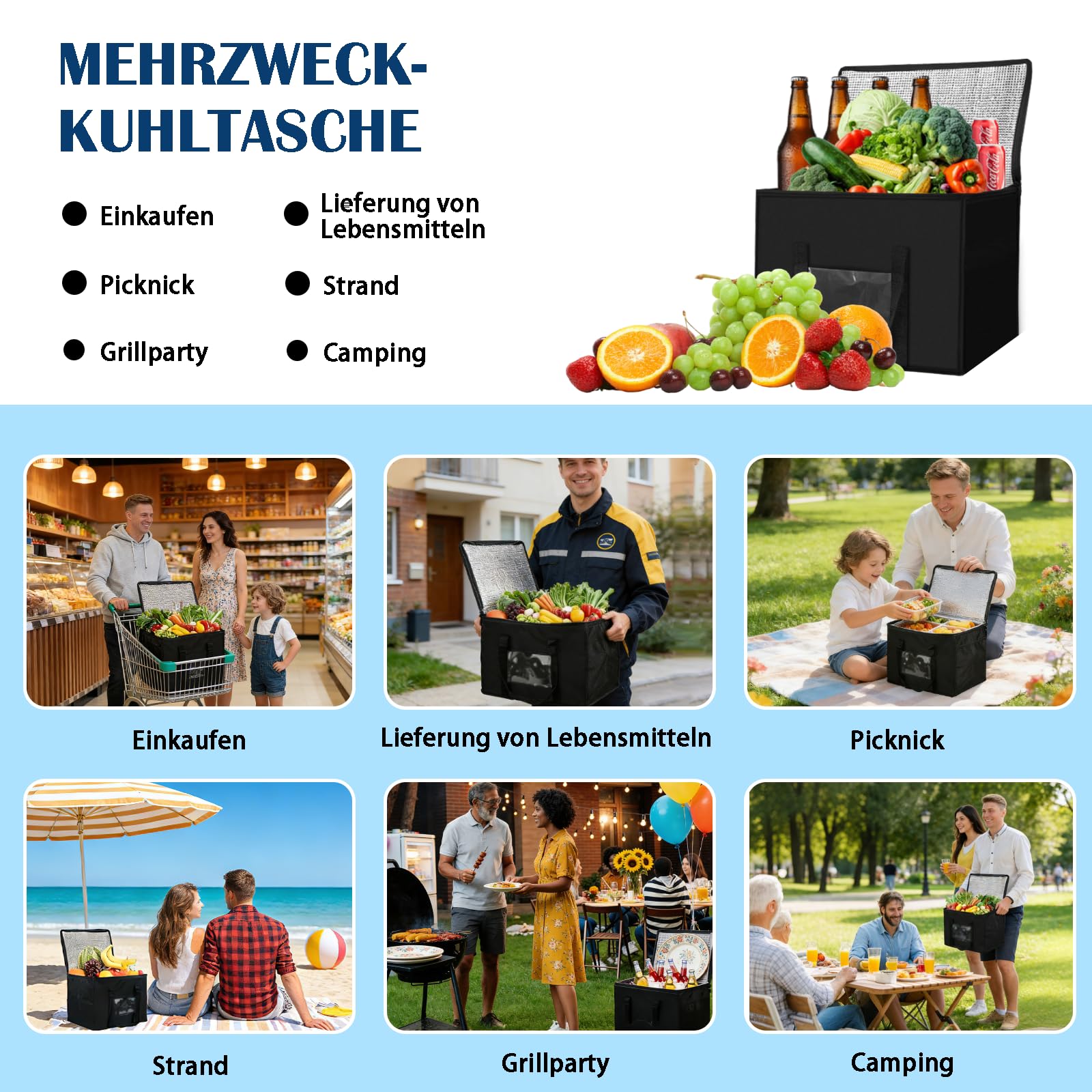 2 sztuki duża składana torba chłodząca 50 l + 30 l, stojąca torba termiczna, wielokrotnego użytku torba piknikowa, torby na zakupy, torba do zamrażania na kemping, grill, do pracy, dostawa