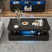 Vista 7 de IKIFLY - Mesa de café LED de alto brillo, mesa de café moderna para sala de estar, mesa de diseño rectangular de 2 niveles con luces LED de 16 Negro