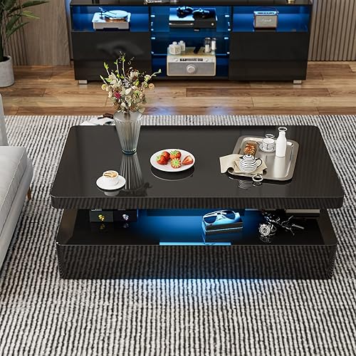 Miniatura 5 de Mesa de centro LED moderna, mesa de centro negra de alto brillo con luces LED de 16 colores, rectangular, 43.3 x 23.6 x 15.4 pulgadas