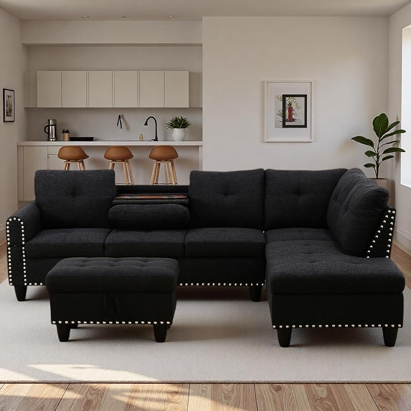 L-Shaped Couch Set, 97.5" L x 69.5" W Sectional Sofas Linen Grey | Memory Foam, Storage Ottoman& Chaise, 4 Seat Convertible Modular Couches, Living Room Furniture Sets, Home/Apartment/Office