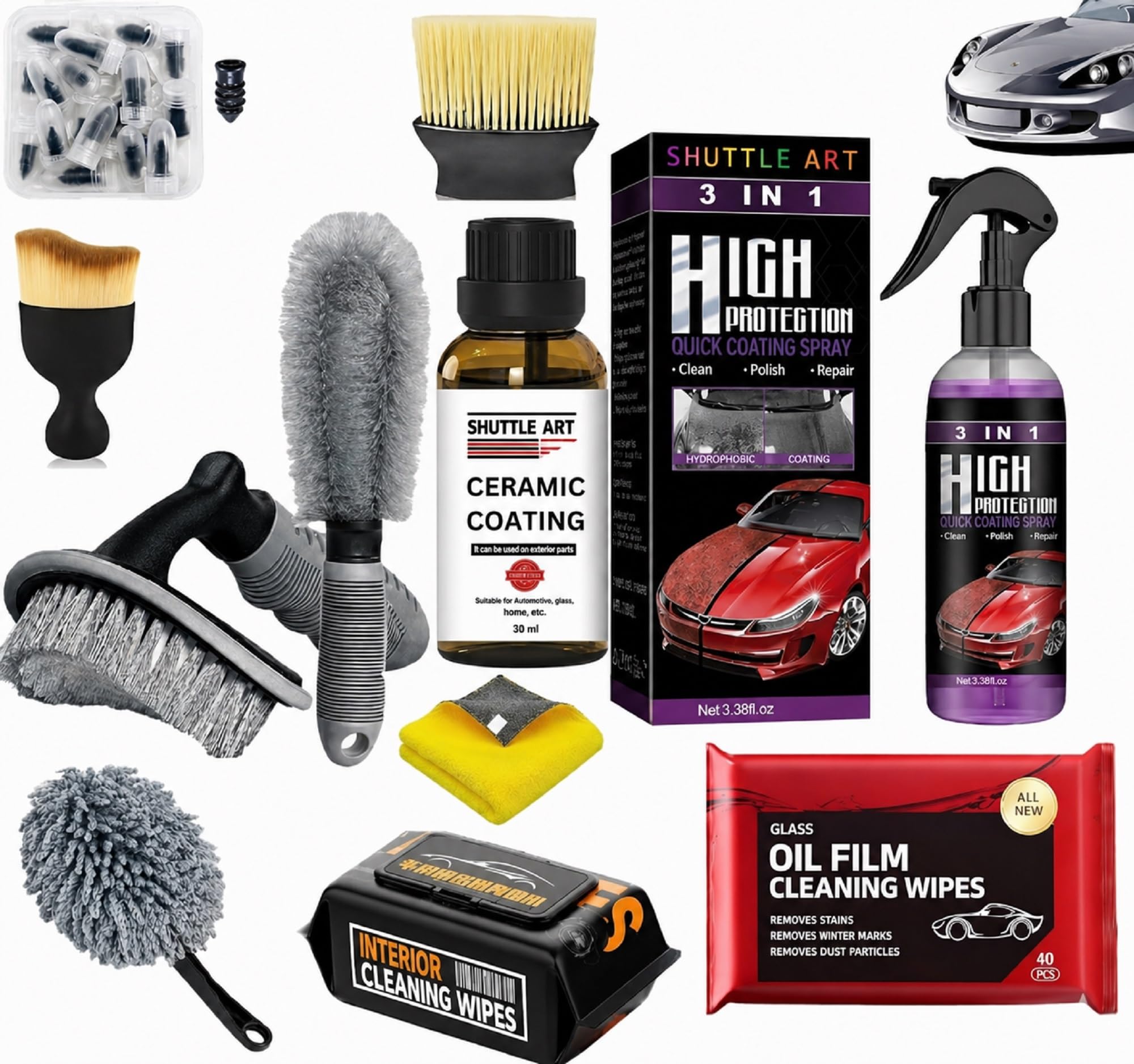 Shuttle Art 11 Pcs Car Detailing Kit with 3-in-1 Ceramic Coating Spray,Car Polish & Paint Protection,Plastic & Trim Restorer,Cleaning Wipes,Tire-Wheel Brush Set,Auto Cleaning Accessories for Car Care-image-15