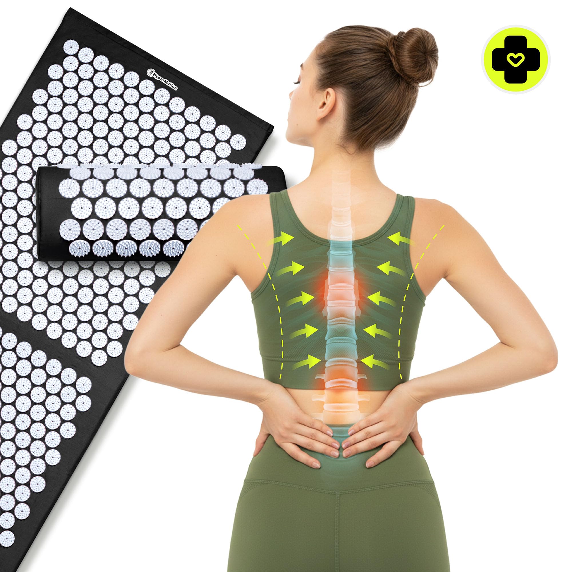 HyperMotion Akupressurmatte mit Kissen - Akupunktur Matte - Massagematte Ganzkörpermassage und Regeneration, Akupressurmatte Set für Entspannung Schwarz-Weiß, 130 x 50 x 2 cm