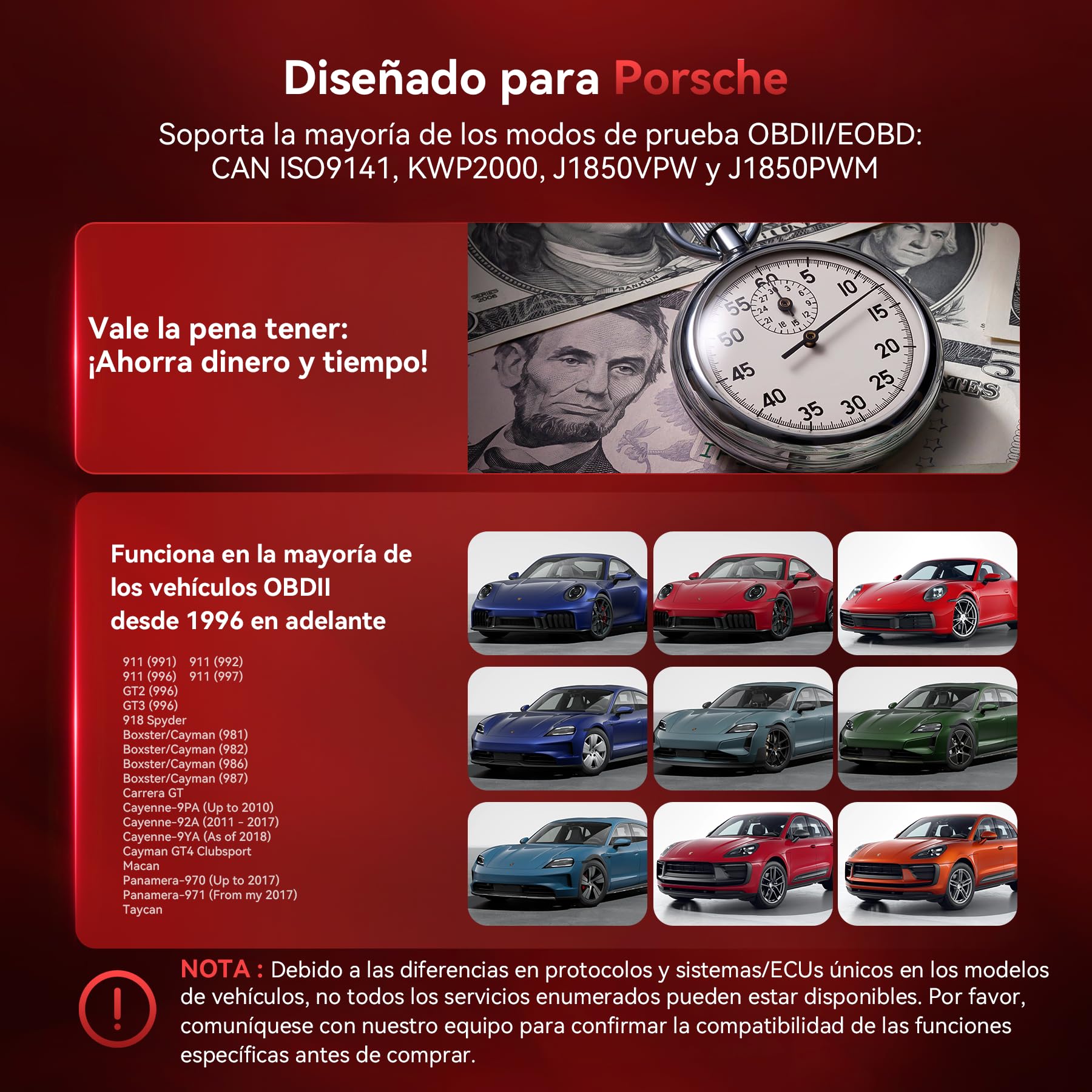 iCarsoft por V2.0 OBD2 Máquina Diagnosis Coche para Porsche/Cayenne/Macan, Escáner de Todo el Sistema, Detector Fallos Coche con 9 Funciones Reinicio, Prueba de Batería, Actualización de por Vida