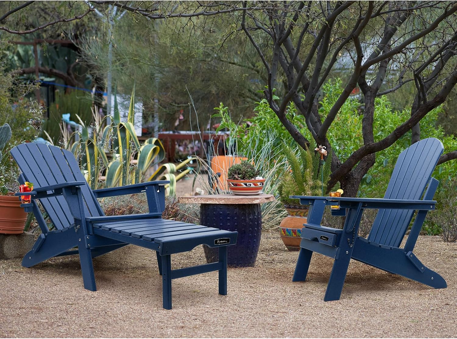 FUNBERRY Adjustable Folding Adirondack Chairs Set of 2 with Retractable Ottoman, All Weather Fire Pit Chairs with Cup Holder