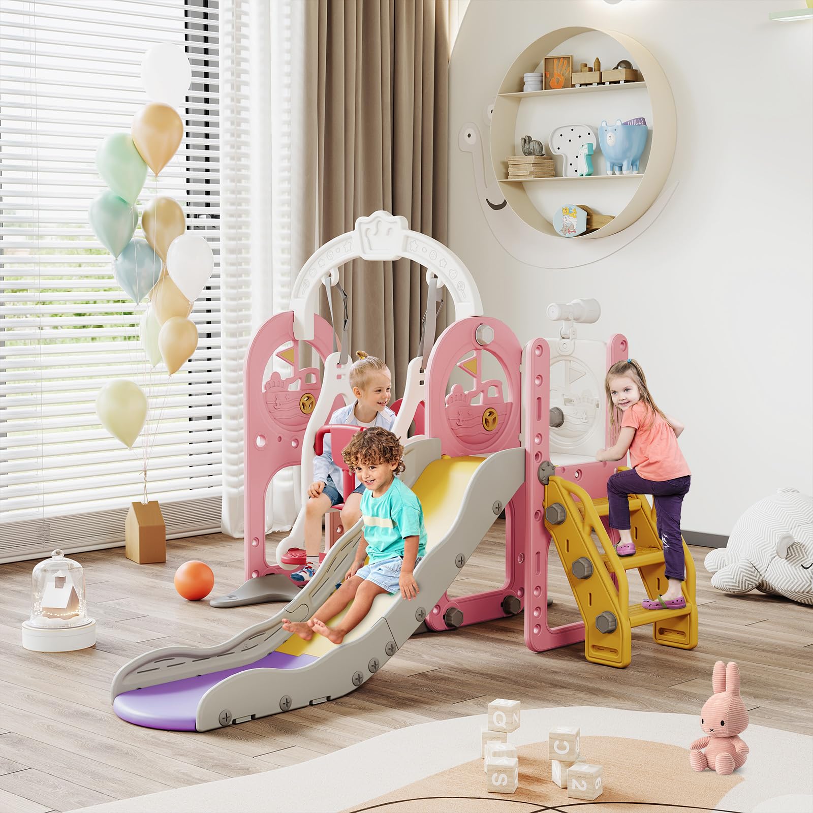 Tobogán infantil 6 en 1,Tobogán para la apariencia del barco pirata, conjunto de columpio y diapositiva para niños, con columpio, telescopio, deslizador, baloncesto rack, rosa