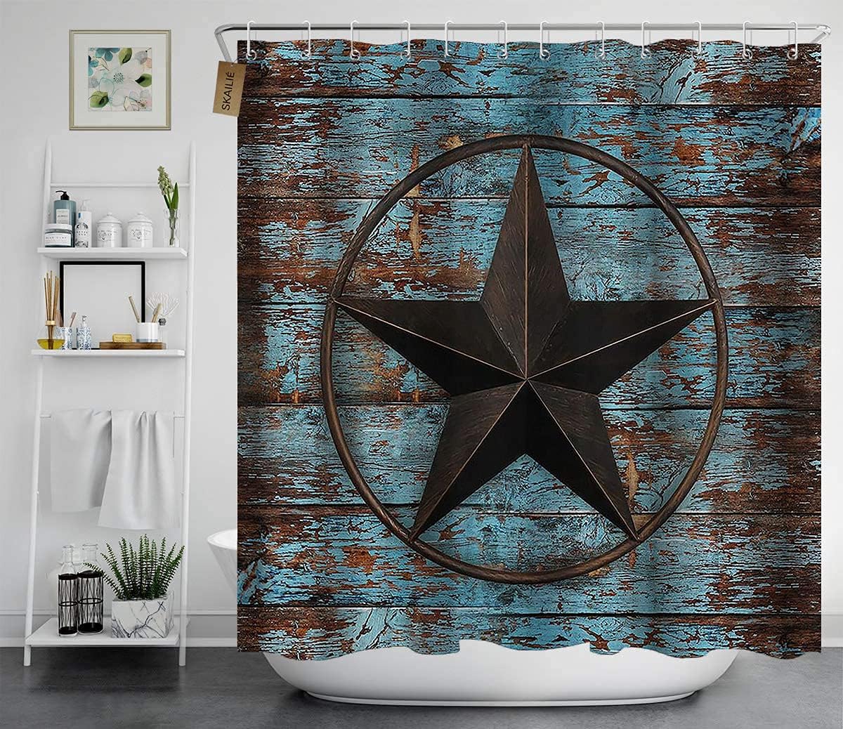 4PCS Farmhouse Shower Curtain Set, Vintage Blue Barnwood Texas Star Western Country Rustic Farmhouse Bathroom Decor, Soft Fabric Shower Curtain, Non-slip Bath Mat Toilet Rug, Blue Wood Panel