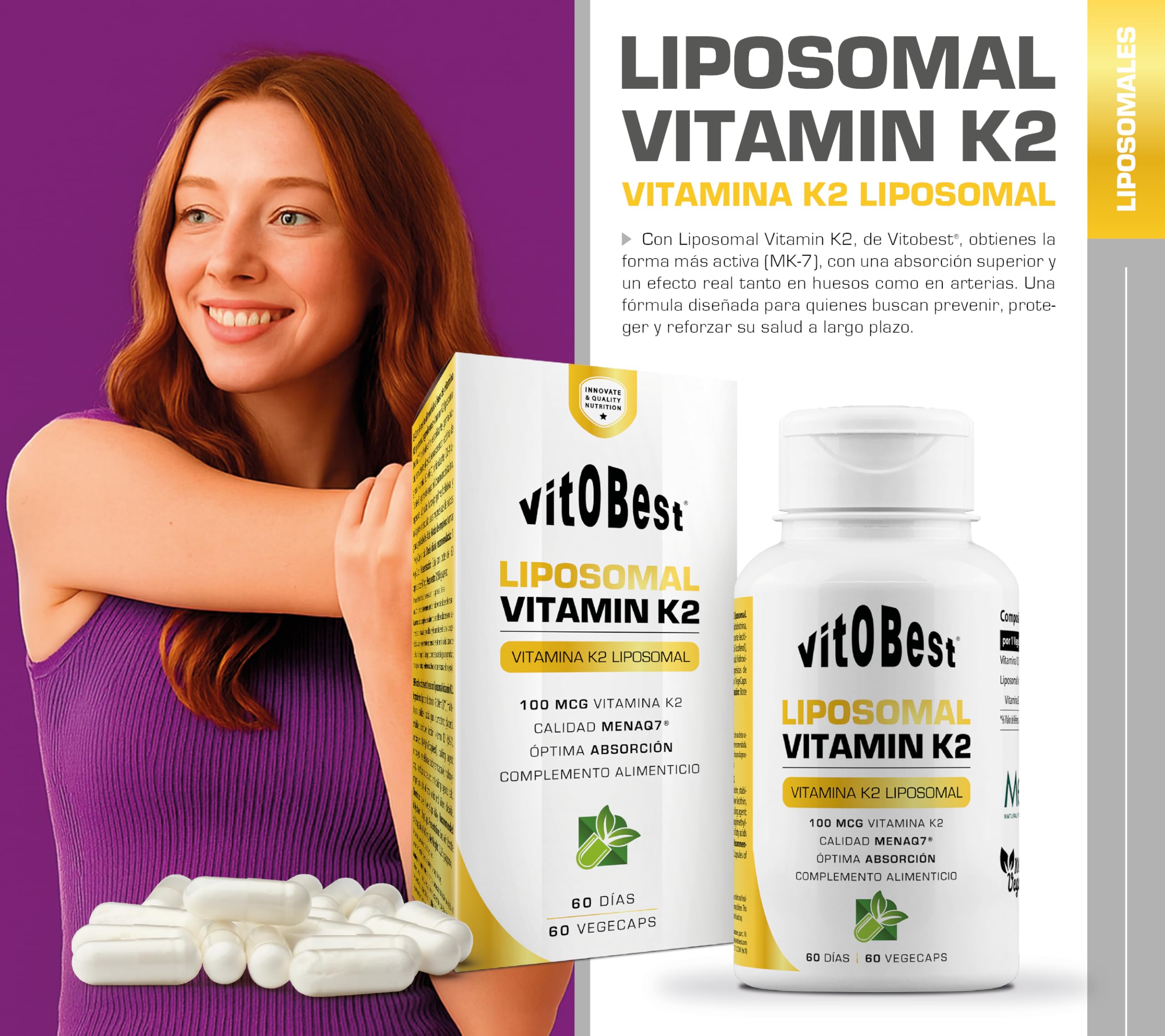 VITOBEST | Liposomal Vitamin K2 | Contribuye a la coagulación normal de la sangre y al mantenimiento de los huesos | Vitamina K2 (MK-7) liposomal 100 mcg por cápsula | 60 VegeCaps