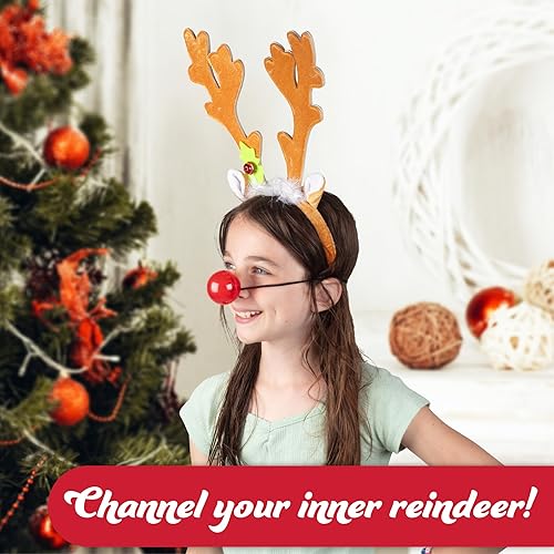 Miniatura 7 de Christmas Holiday Reindeer Antlers Headband w Light Up Nose Costume Deer Rudolph Outfit for Adult Men Women, Kids Party Favor
