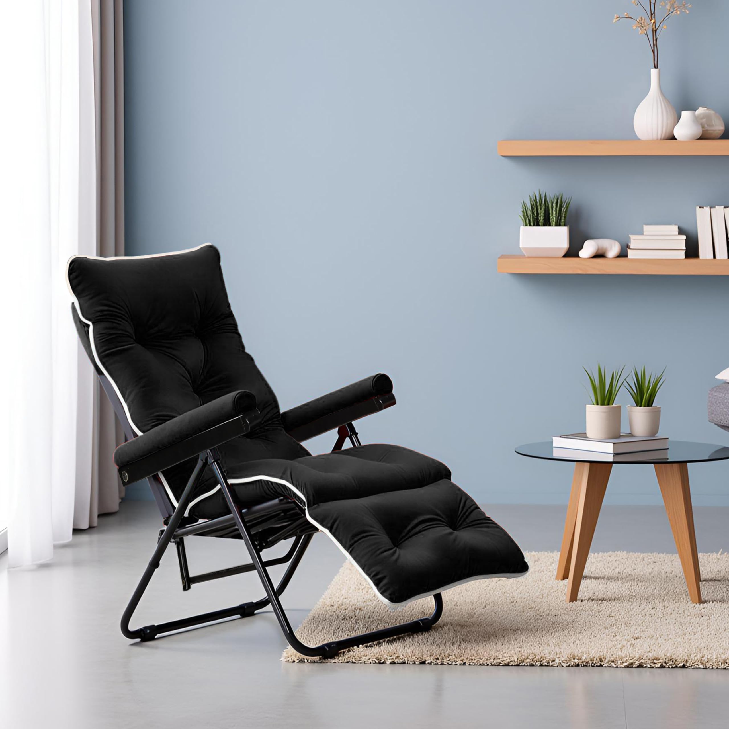 Spacecrafts® Premium Steel Recliner Chair for Home Relaxation | Foldable, Space-Saving Easy Chair with Cushion & Arm Rest | 5 Adjustable Positions Zero Gravity Recliner for Elderly & Sleep | Black 1