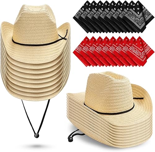 Zhanmai 18 Set Cowboy Hats and Bandanas Set Straw Cowboy Hat Party Bandanas Western Party Cowboy Accessories
