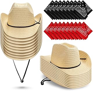 18 Set Cowboy Hats and Bandanas Set Straw Cowboy Hat Party Pack Bandanas Western Party Cowboy Accessories for Adult Cowboy Costume Birthday Party Props Supplies (Beige)