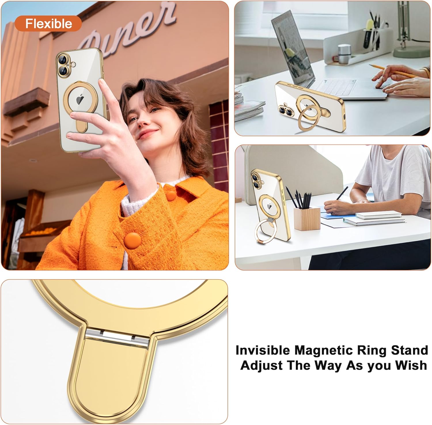 Compatible with iPhone 17 Case with Invisible Magnetic Ring Stand [Compatible with Mag-Safe] [Full Camera Lens Protector] Plating Clear Phone Case for iPhone 17 6.3", Gold