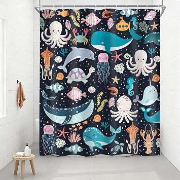 Kids Ocean Animal Underwater Cartoon Whale Bathroom Shower Curtain Set | 60"W x 72"L shower curtain, Dolphin Octopus HD waterproof print, quick-dry cloth, free hooks for easy installation.