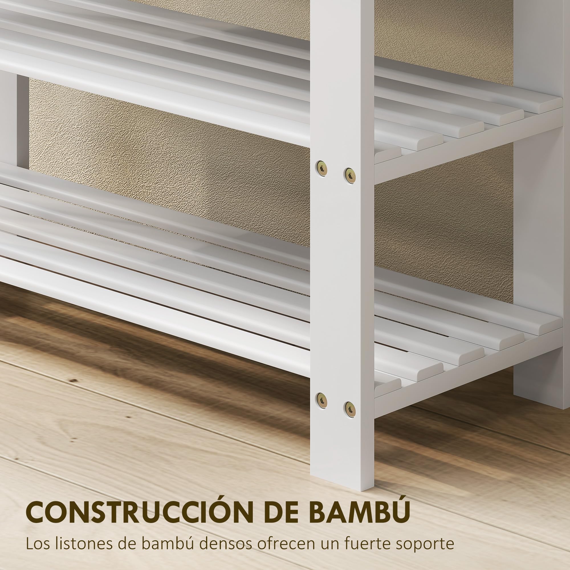 HOMCOM Banco Zapatero de Bambú Zapatero con Asiento Organizador de Zapatos de 3 Niveles para 6 Pares Zapatos para Entrada Salón Dormitorio 70x28x45 cm Blanco