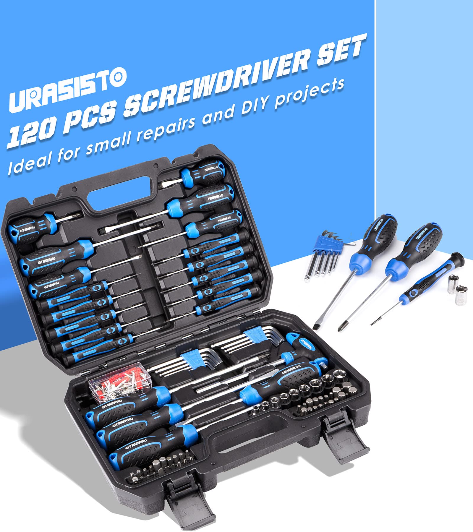 URASISTO Juego de destornilladores magnéticos de 120 piezas, incluye enchufes, ranurados, Phillips, hexagonales, Torx y destornillador de precisión para hombres, reparación de casa