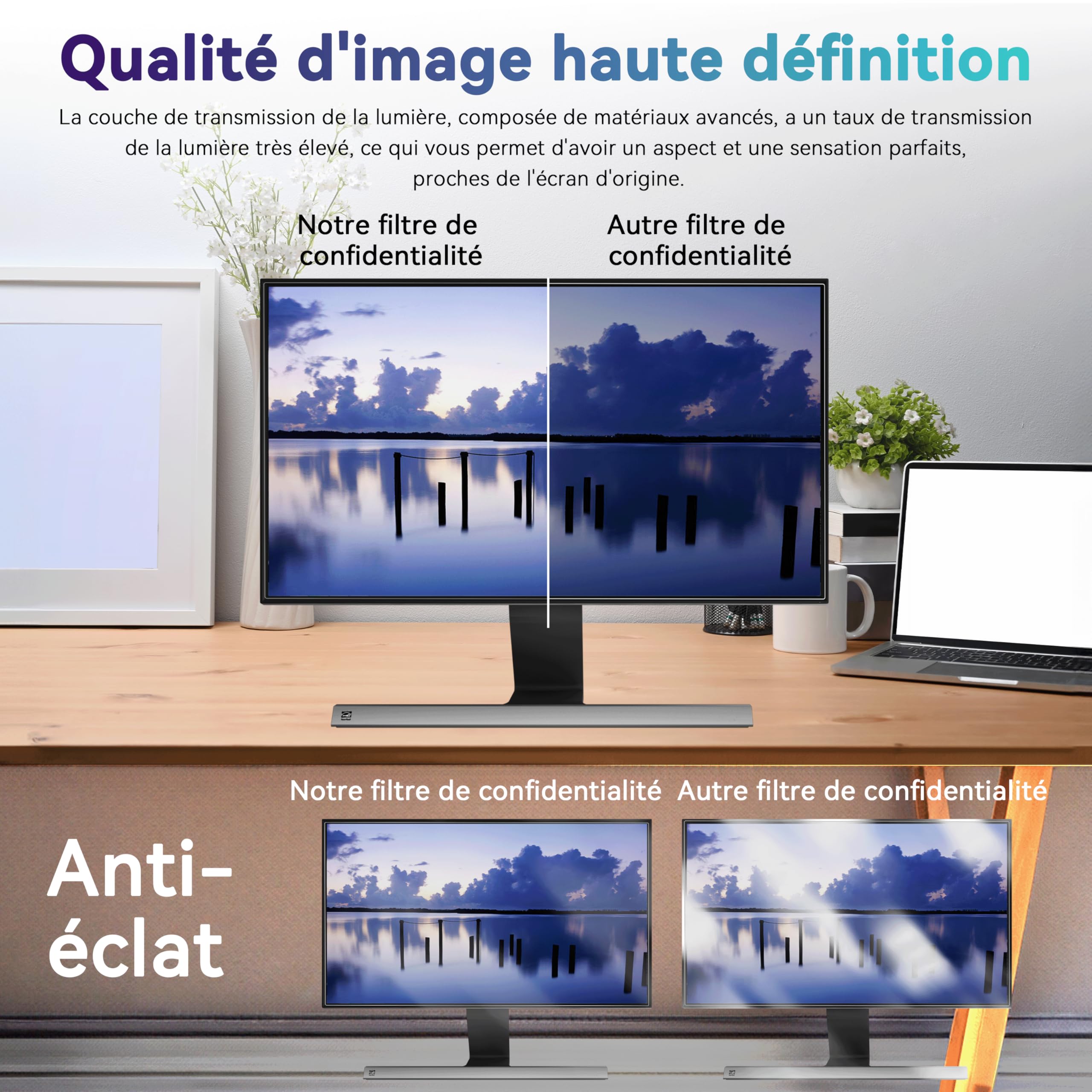 Filtre de Confidentialité Premium 27 Pouces 16:9 - Protection d'Écran Amovible Anti-Espion, Anti-Lumière Bleue et Anti-Regard, Compatible avec la Plupart des Moniteurs PC 27 Pouces