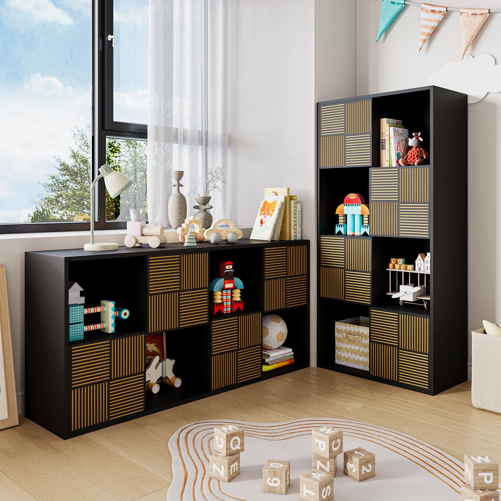 Würfelregal Bücherschrank mit 8 Fächer, Schwarz Bücherregal Raumteiler Regal für Wohnzimmer,Büro,Kinderzimmer, MDF Holz,Horizontal oder Vertikal