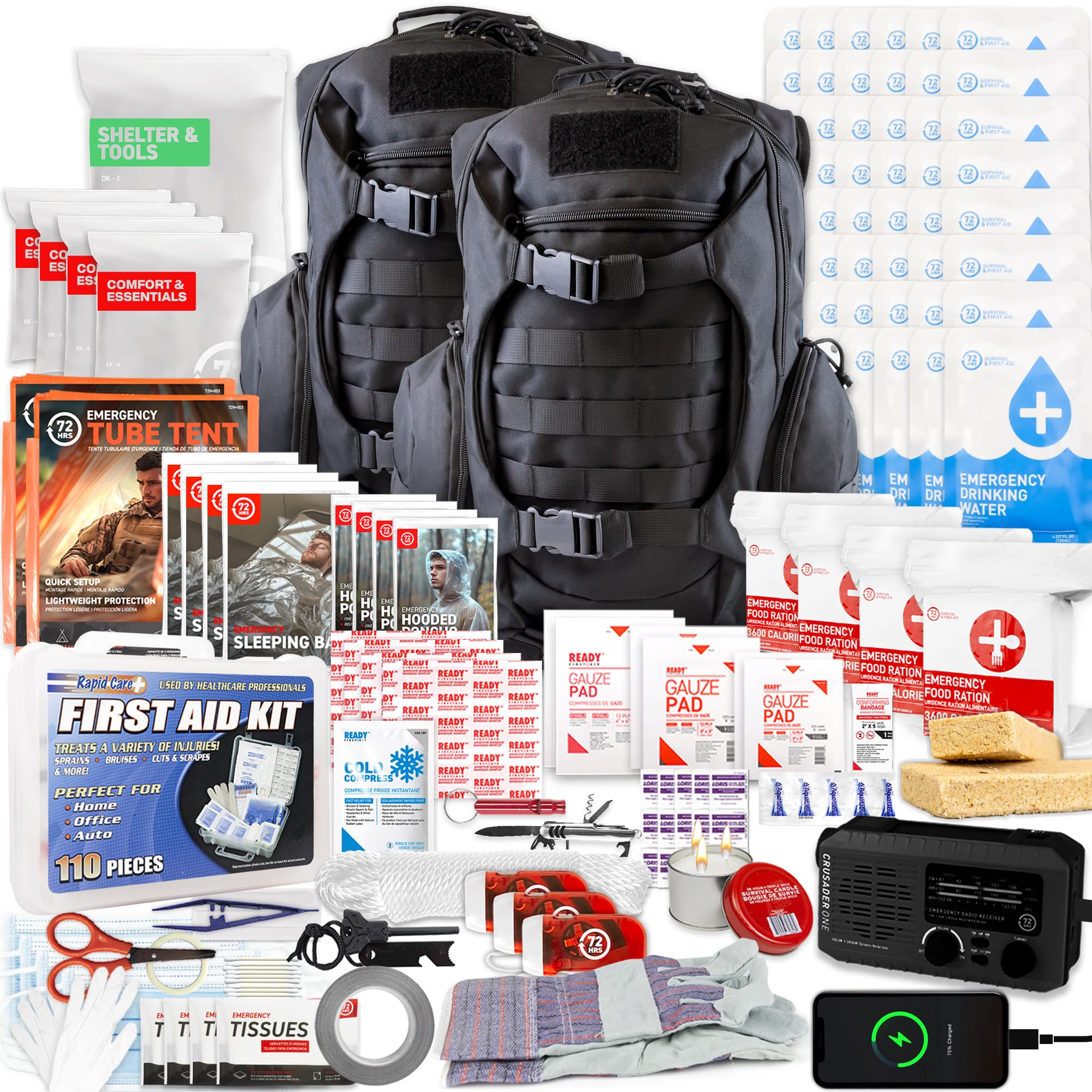72 HRS Deluxe Emergency Survival Kit - Heavy Duty 72 Hour Bag Survival Kit for Earthquake, Hurricane, Tsunami, Winter, Blackout - Includes Emergency First Aid Kit, Water, Food