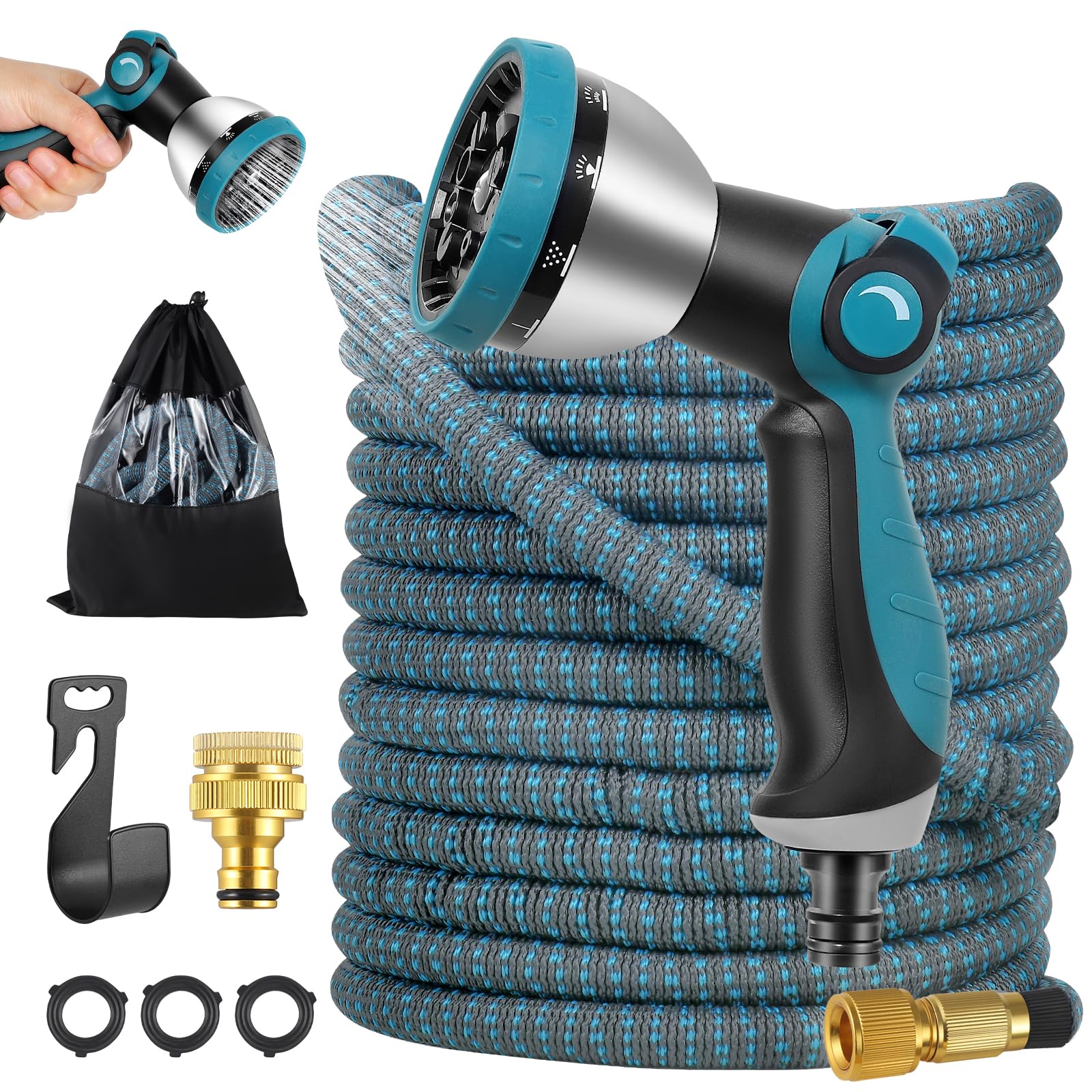 NuisionExpandable Garden Hose 50FT, Flexible Garden Hose Pipe with 10 Function Spray Gun, 4 Layer Latex Expanding Watering Hose Pipe with 3/4" 1/2" Brass Solid Fittings for Garden Watering Cleaning
