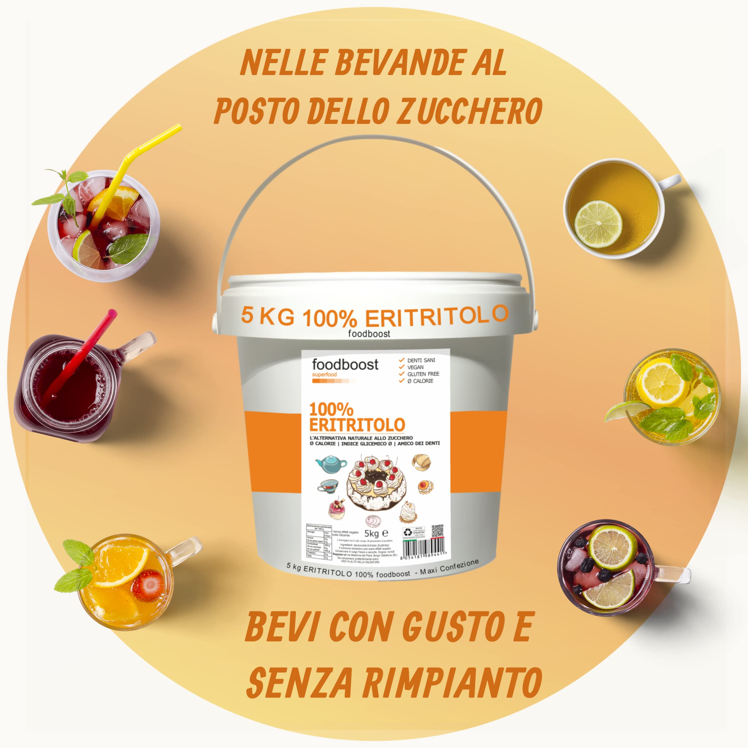 Eritritolo 5Kg foodboost -sostituto dello zucchero- 0kcal - 100% Puro- stesso potere dolcificante dello zucchero da cucina, adatto per diabetici e diete ipocaloriche o bilanciate- Maxi Confezione