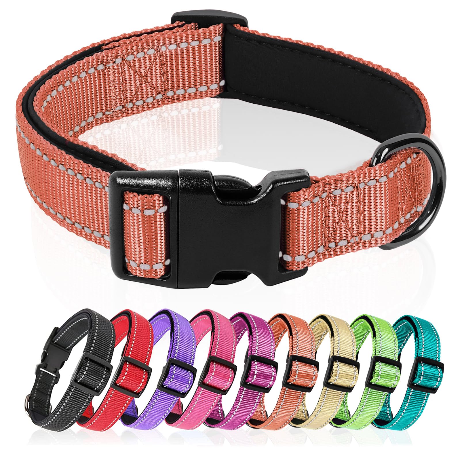 HEELE Hundehalsband, Hundehalsband aus Nylon, Reflektierend Halsband Hund mit Weich Neopren Gepolstert für Welpen Kleine Mittel Große Hunde Läng Einstellbereich 40-66 cm, Magentarot, L