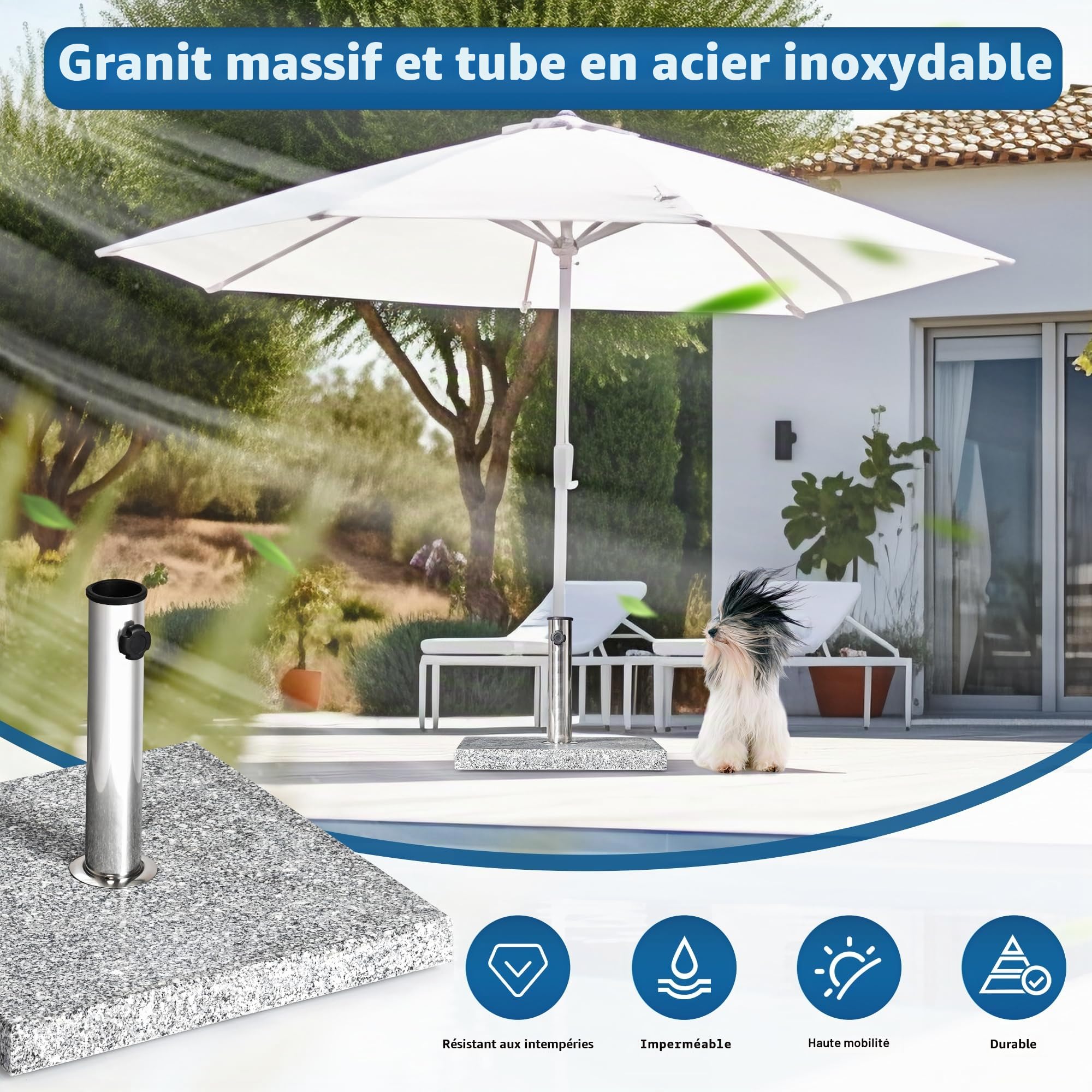 paramondo Pied De Parasol En Granit, Carré, 48 x 48 cm, Avec Douilles D'adaptation, Pour Parasols De Taille Moyenne