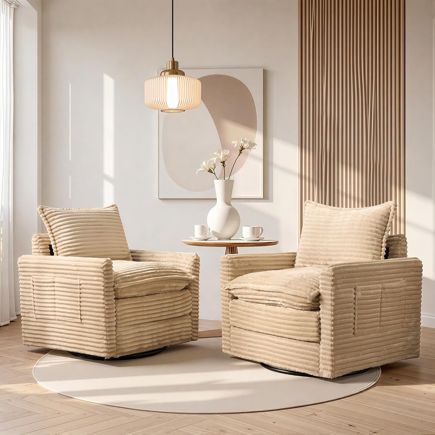 Swivel Sofas with Extra Thick Cushion, Rocking Accent Armchair in Plush Corduroy, 360° Rotation, Deep Seat Comfy Swivel Lounge Chairs with Steel Structure Base for Living Room Bedroom, Beige