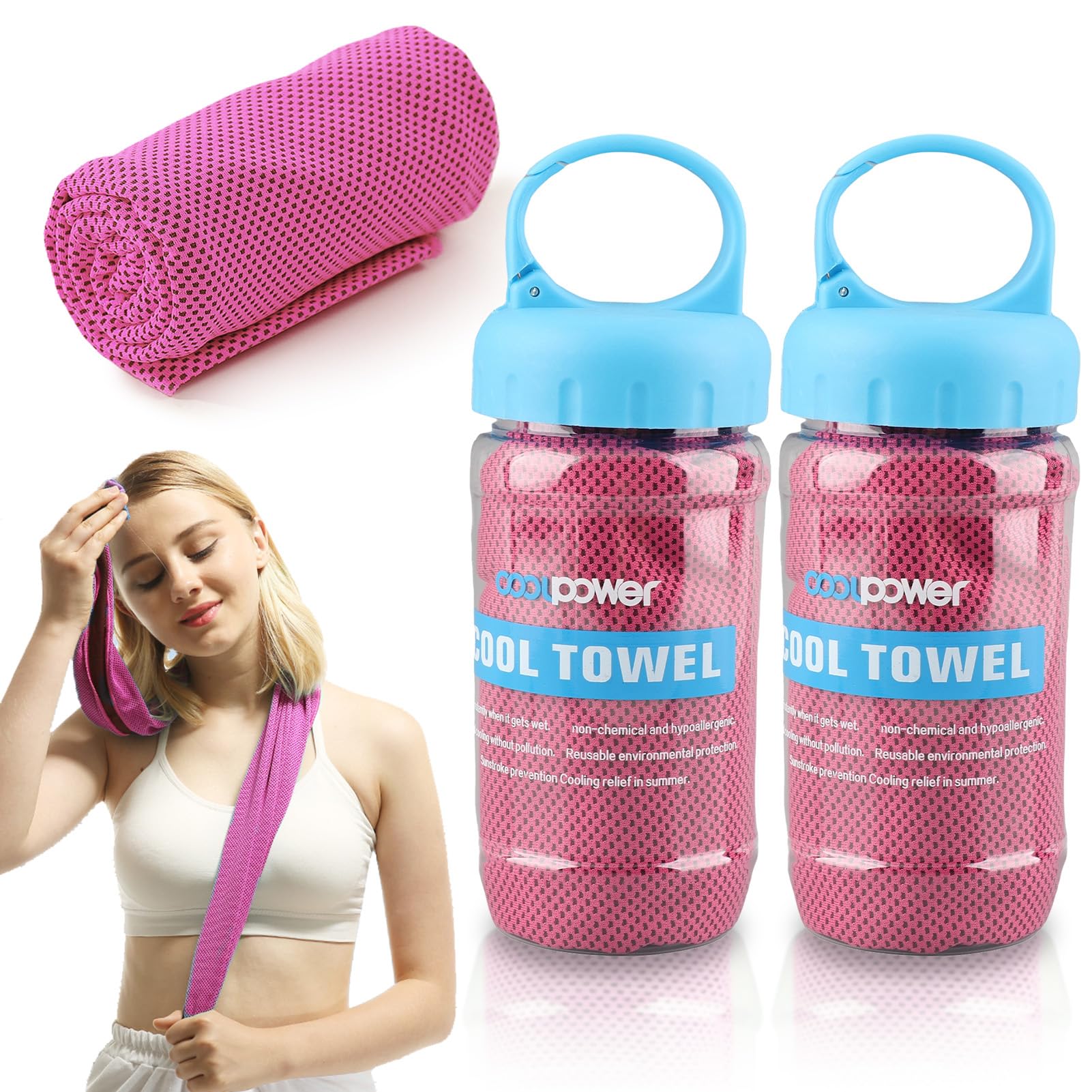 Jwthee 2 Pack Cooling Towels, 40 x 12 Inch Reusable Ice Towel with Storage Bottle Quick Dry Polyester Cooling Neck Wraps, Soft Breathable Chilly Towel for Yoga Gym Running Camping Sports(Magenta)