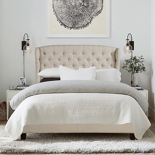 Miniatura 3 de Rosevera Torrey - Base de cama con respaldo de alas, cabecera capitoné de altura ajustable, marco de cama tapizado de tela, soporte de listones de