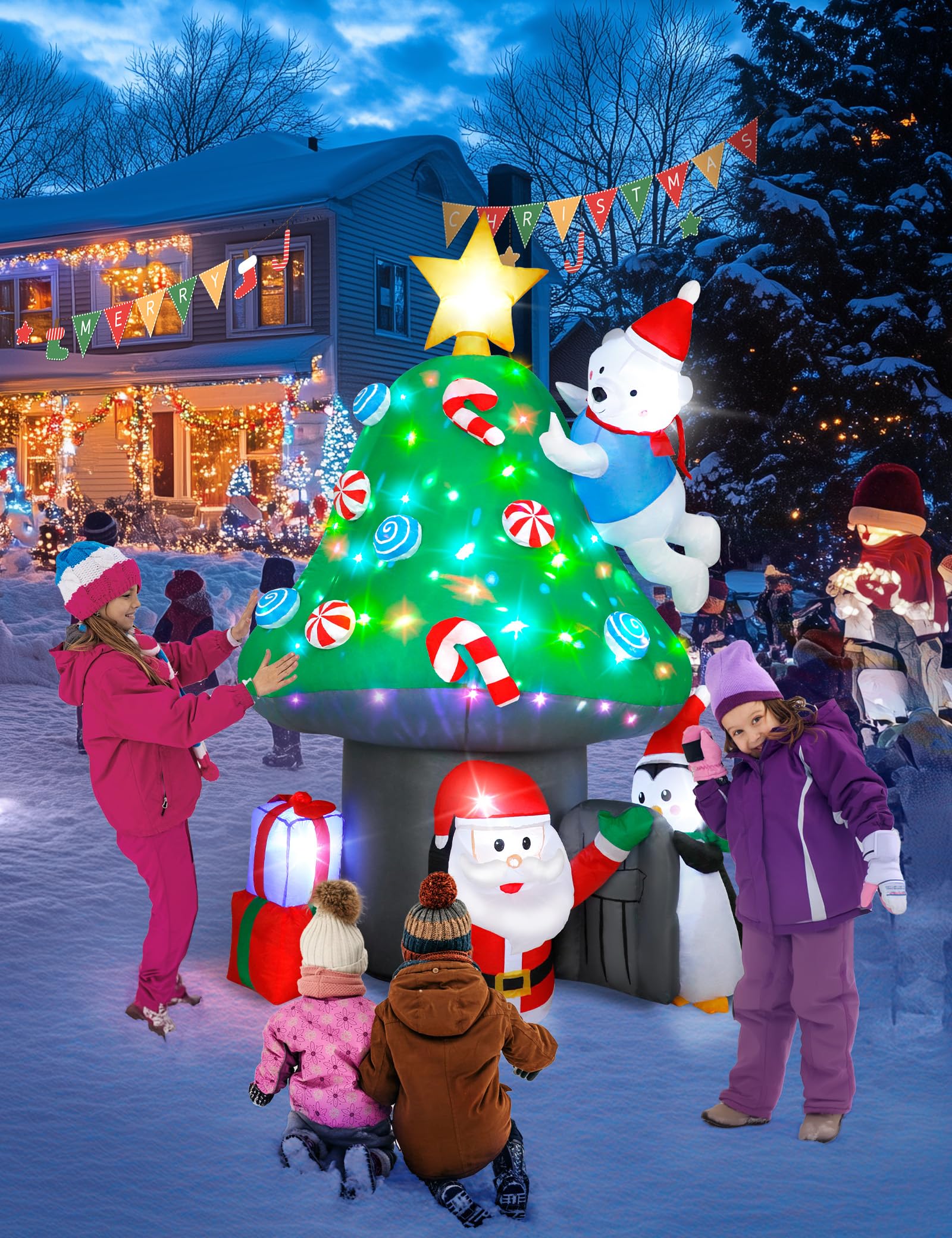 Maison Champignon Gonflable 7 Pieds / 213 cm – Décoration Noël Extérieur avec Père Noël Gonflable, Ours Blanc, Pingouin et LED Rotative, Jardin et Intérieur Maison