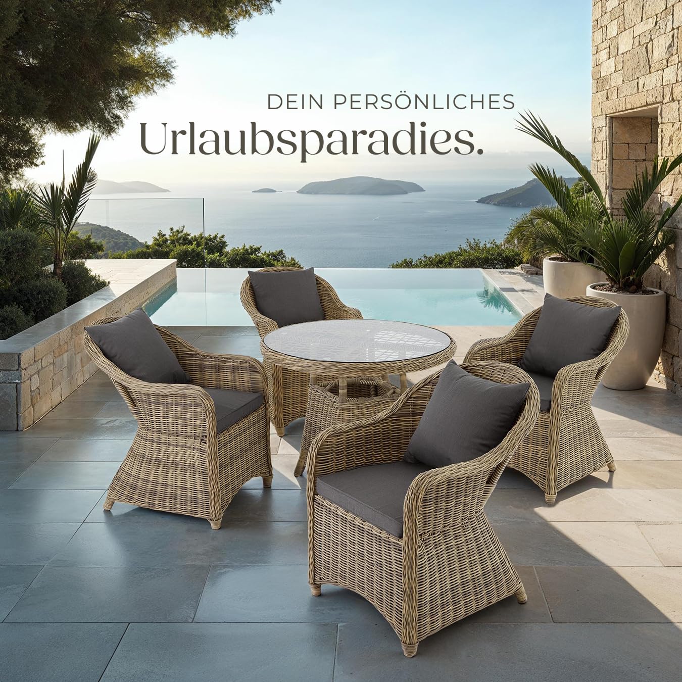 tectake® 4er Set Rattansessel, Polyrattan Gartenstühle mit Aluminiumgestell, Outdoor Korbsessel mit weichen Sitzpolstern, wetterfest, Rattan Stuhl für Garten Terrasse Balkon und Wintergarten - Natur