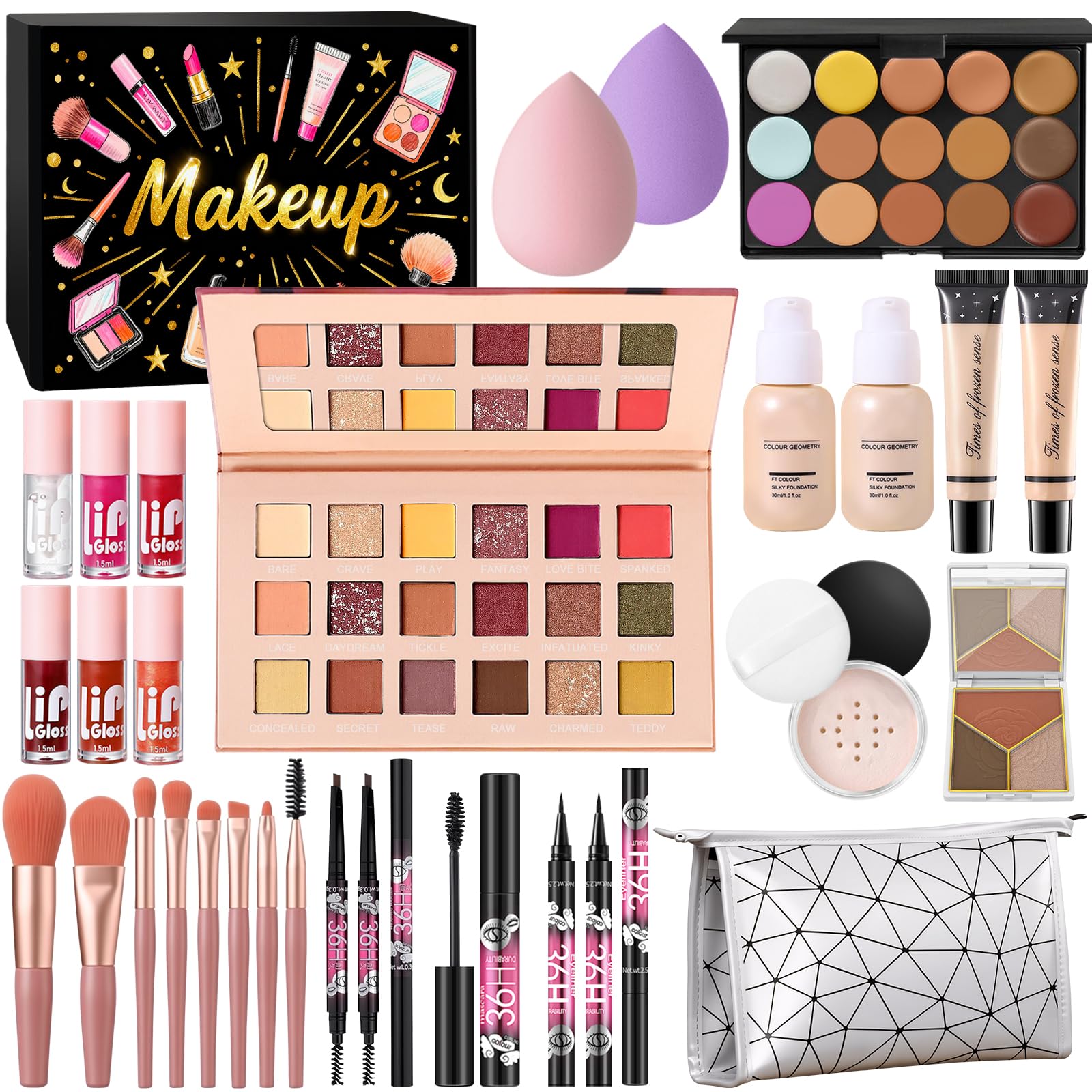 Coffret Maquillage Femme, Coffret Cadeau Beauté Ado Fille, Kit Maquillage Professionnel avec Palette à Yeux Fond de Teint Correcteur Contour Gloss à Lèvres Eyeliner Mascara Crayon Sourcil Pinceaux