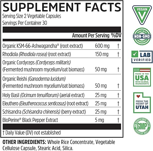 Miniatura 2 de Zhou Nutrition Ashwagandha Capsules, mejora el estado de ánimo, impulso de energía, mezcla de rodiola, albahaca sagrada, Cordyceps, suplemento de