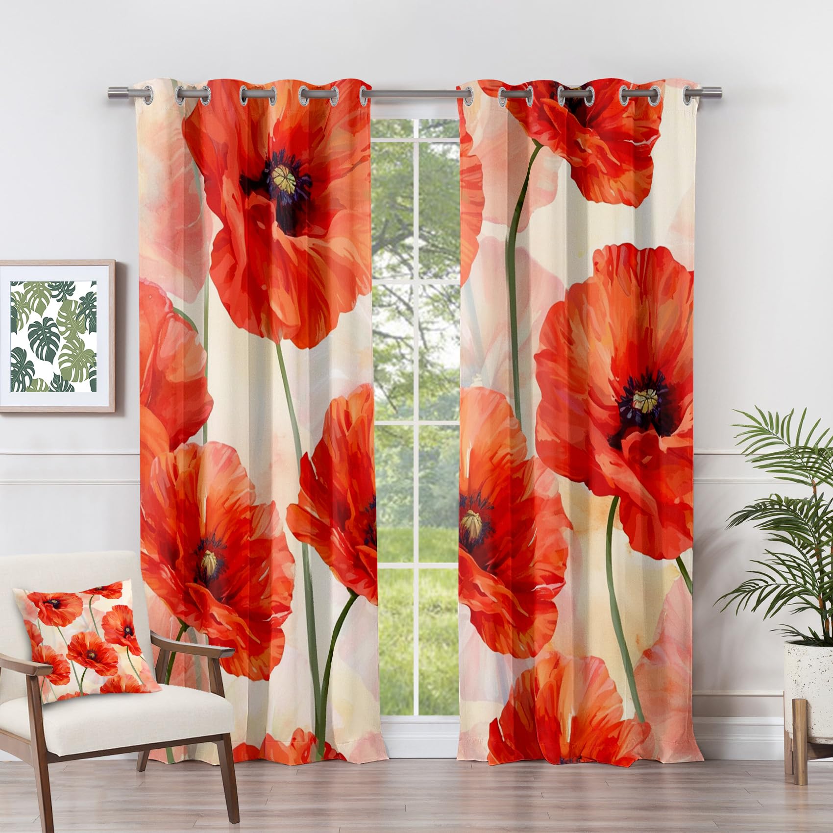 Generisch Vorhänge Mohnblumen - Rot Mohn Floral Botanische Fenster Gardinen mit Ösen, Vorhang Blickdicht Verdunklungsvorhänge Thermovorhang für Wohnzimmer Deko 2er Set, H 160 x B 140 cm D#-114