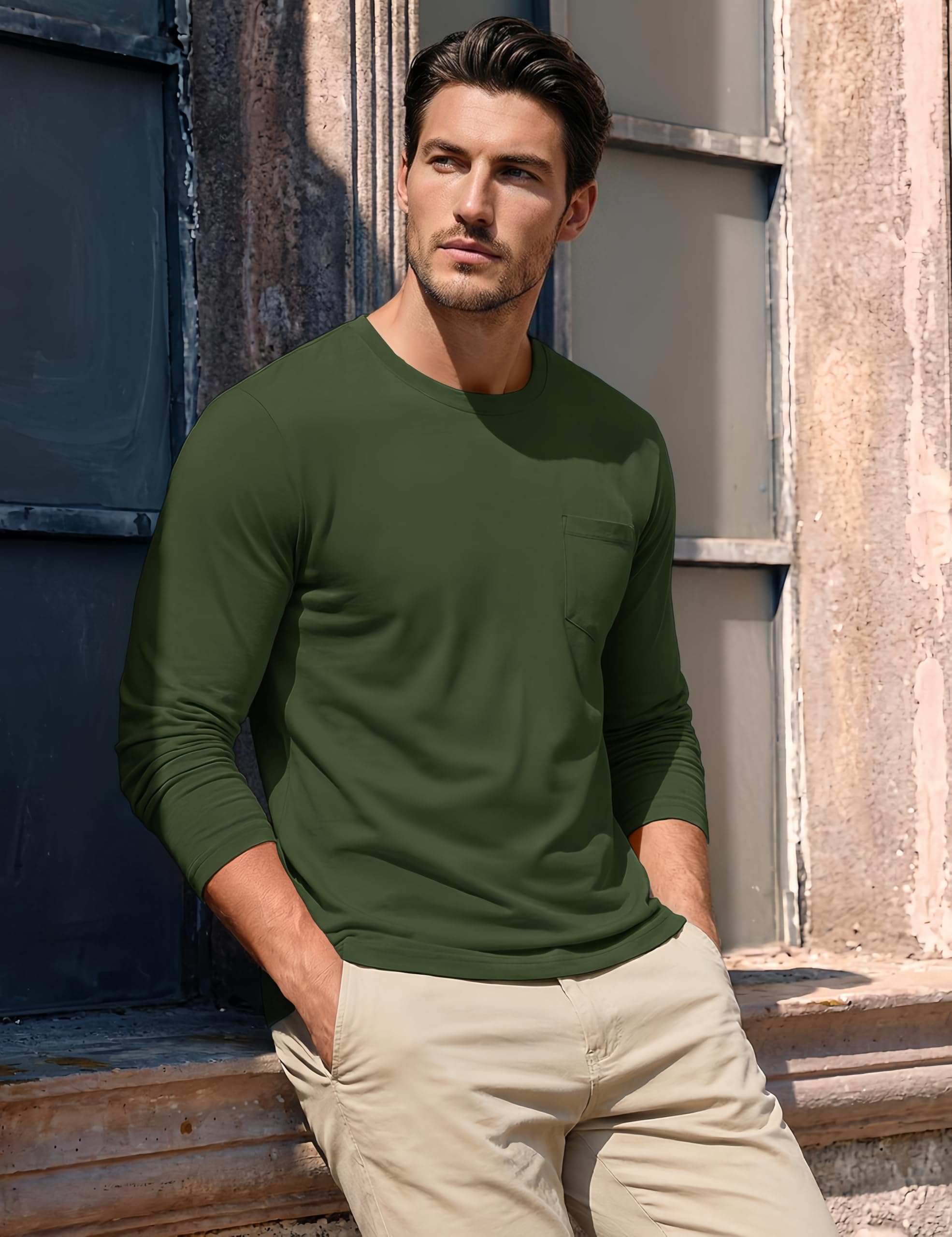 MAGCOMSEN Camiseta de Manga Larga Informal de algodón con Bolsillo para Hombre a la Moda