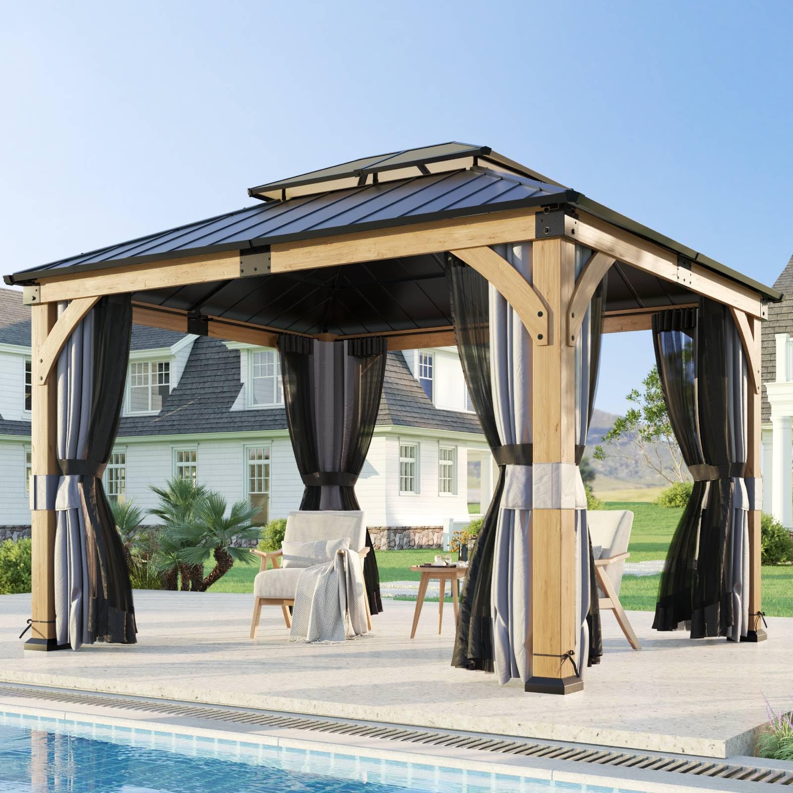 GALIANOカスタネット Amazon.com : ZIENLIFE 10x12 ft Cedar Wood Gazebo with Curtain and