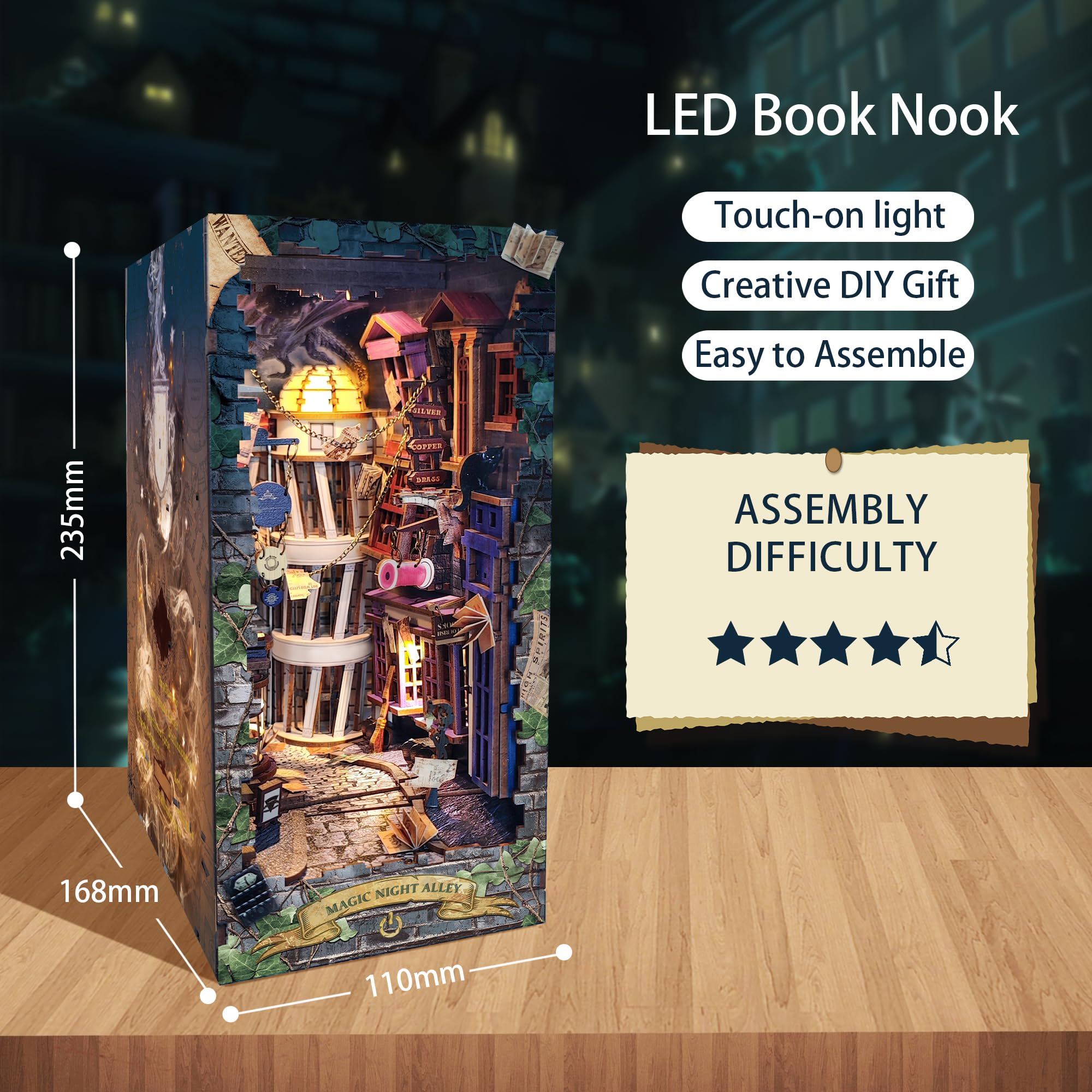 Mkitnvy Zestaw book nook DIY, domek dla lalek, miniaturowy, z osłoną przeciwkurzową, dla dorosłych, nastolatków, budowanie, puzzle 3D, drewniane, zestaw modeli artystycznych (nocna aleja)