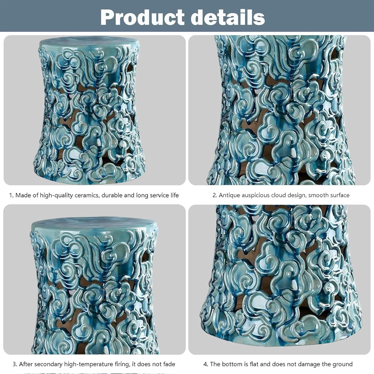 Drum Stool,Garden Stool, Decorative Ceramic Garden Stool, Glazed Hollow Xiangyun Pattern Living Room Round Stool, Suitable for Living Room, Balcony, Garden, Etc(White)