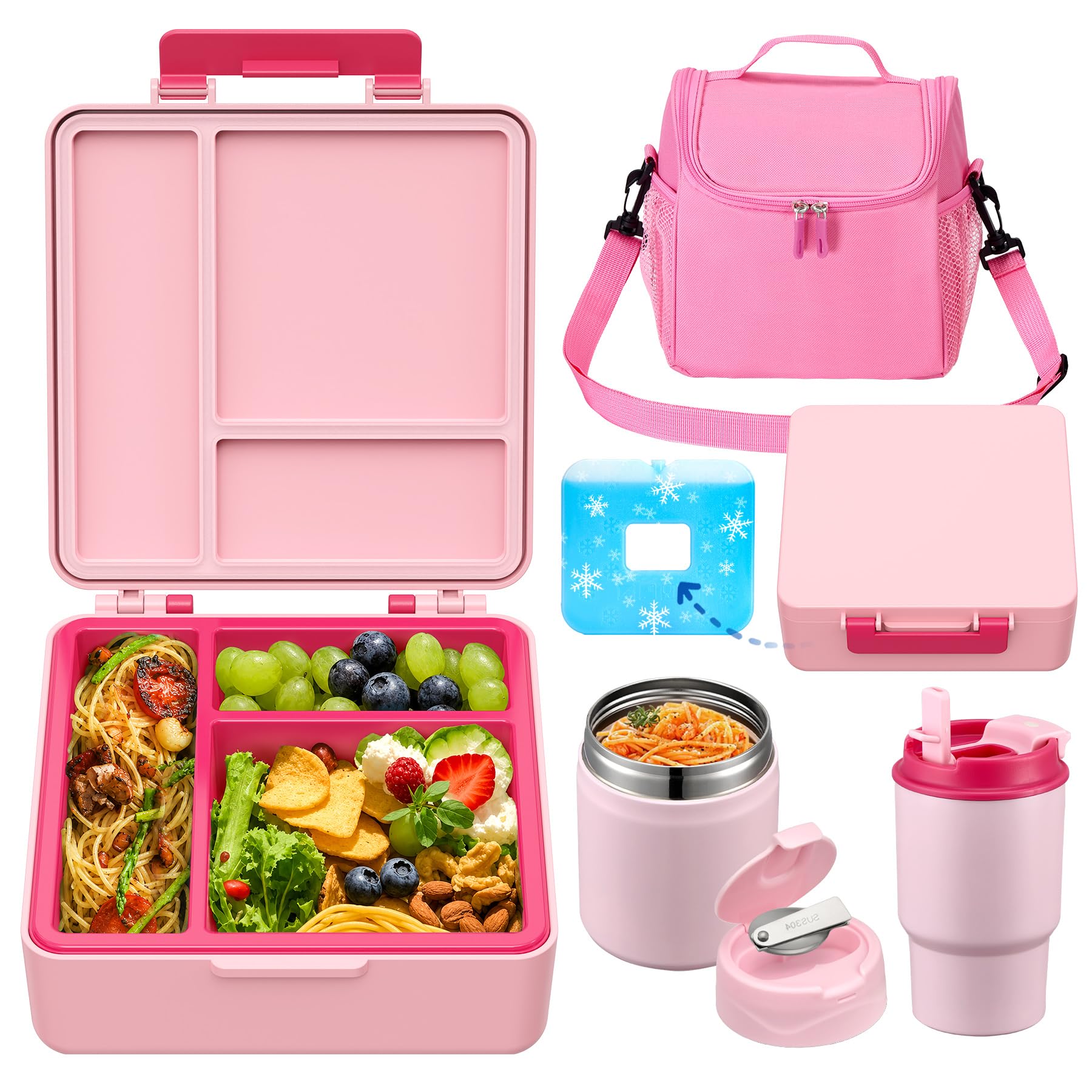 Howeemo Bento Lunch Box for Kids with 17oz Soup Thermo and Water Bottle in Pink