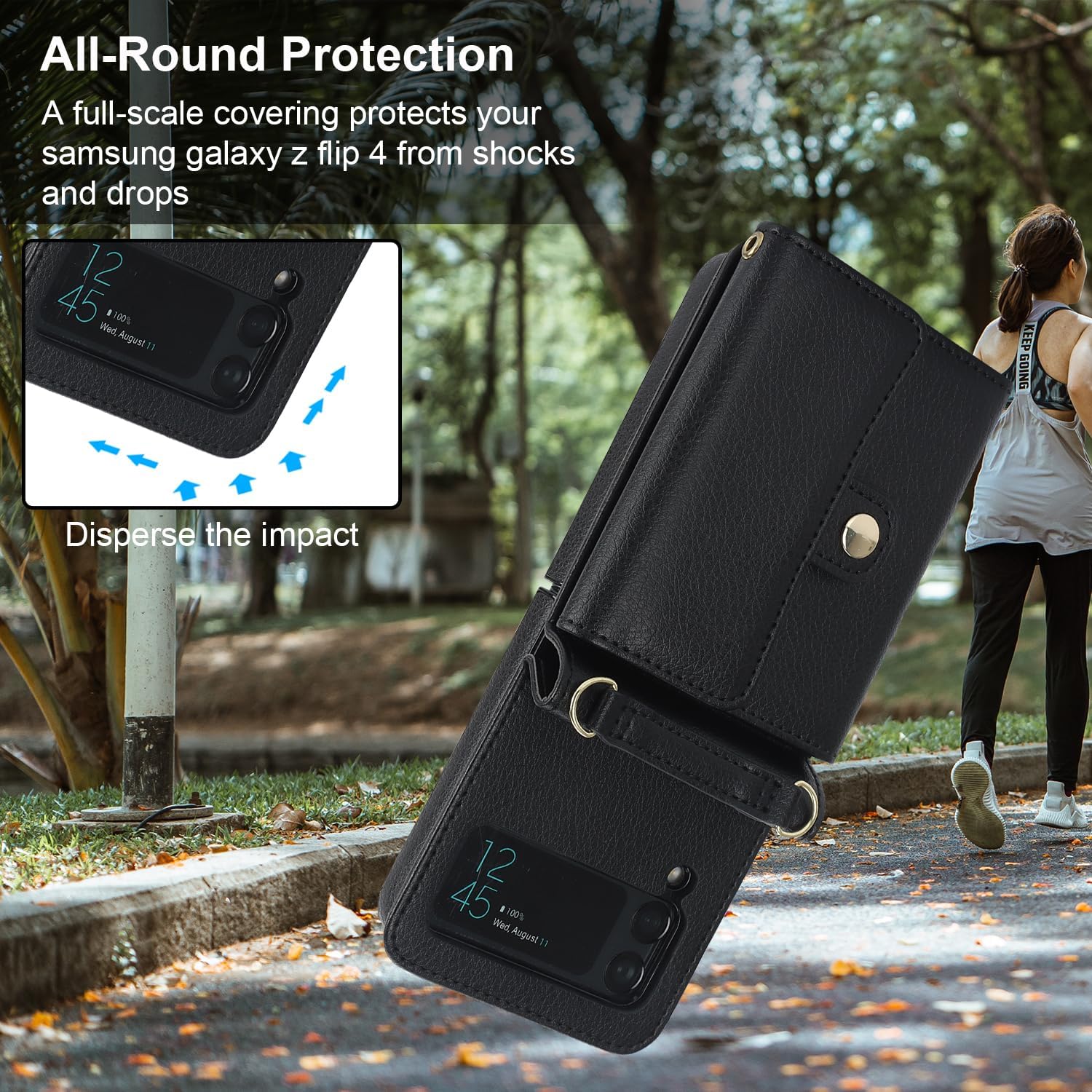 KIHUWEY for Samsung Galaxy Z Flip 4 Wallet Case, Crossbody Purse with Credit Card Slot Holder RFID Blocking PU Leather Adjustable Lanyard Detachable Strap Wrist for Women (Black)