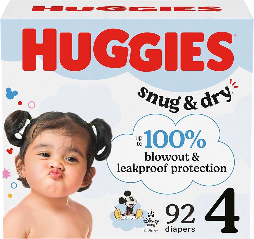 Huggies Size 4 Diapers, Snug &amp; Dry Baby Diapers, Size 4 (22-37 lbs), 92 Count, Packaging May Vary
